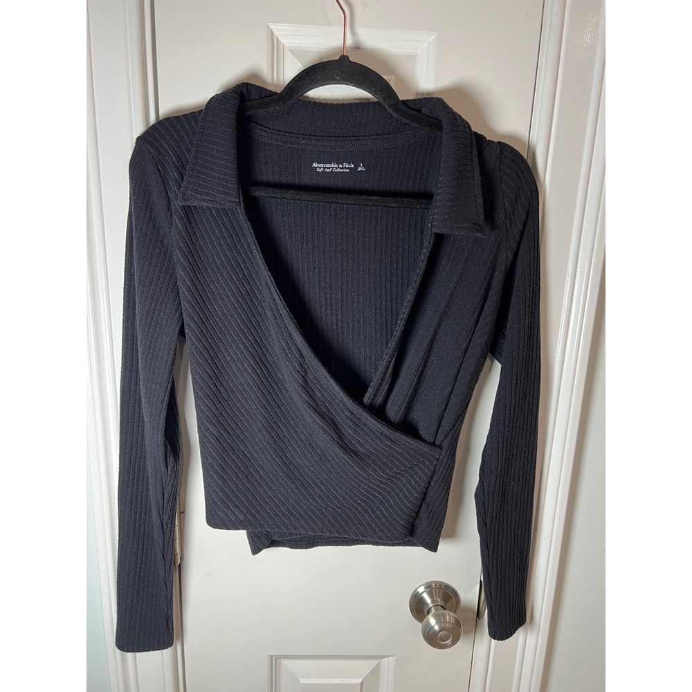 Abercrombie & Fitch Soft A&F Black Ribbed Wrap Top Long Sleeve Collared Large